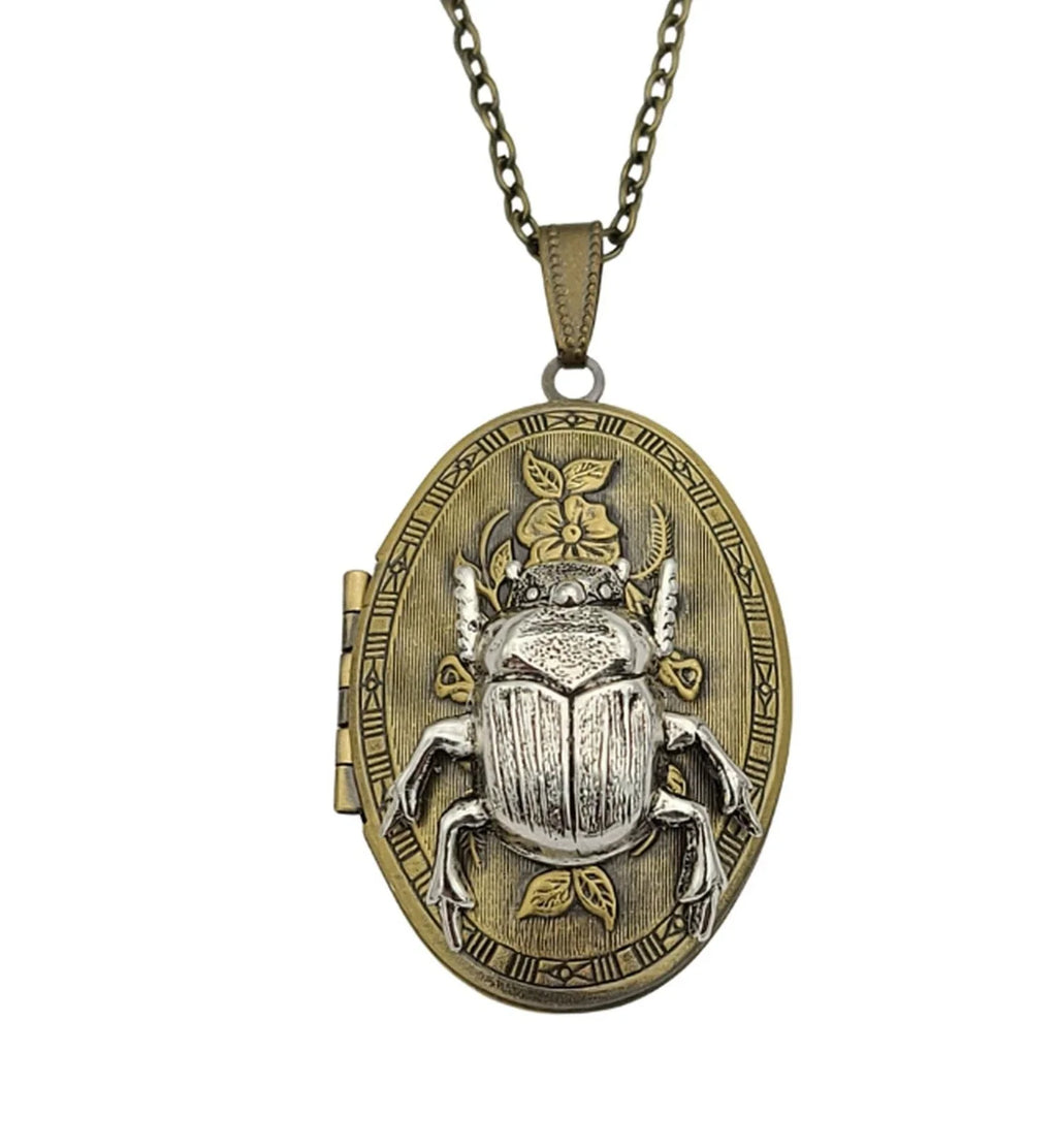 Ox Brass Oval Silver Beetle Locket Necklace Vintage Photo Keepsake Pendant Jewelry Gift