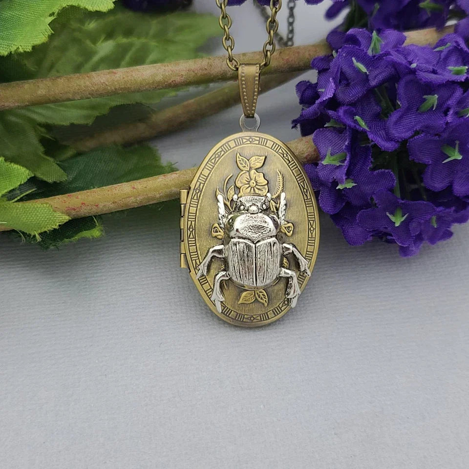 Ox Brass Oval Silver Beetle Locket Necklace Vintage Photo Keepsake Pendant Jewelry Gift