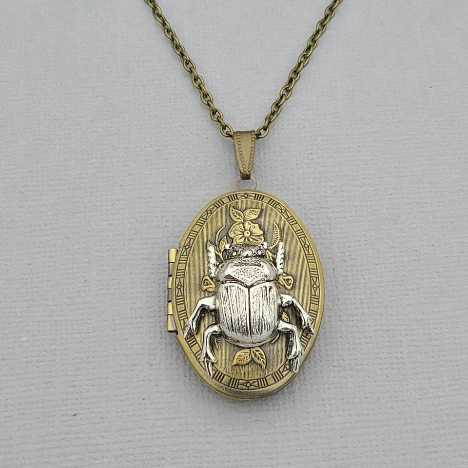Ox Brass Oval Silver Beetle Locket Necklace Vintage Photo Keepsake Pendant Jewelry Gift
