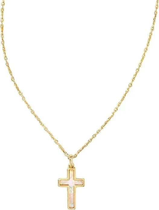 Kendra Scott Cross Pendant Necklace for Women Gold White Opal Religious Fashion Jewelry Gift