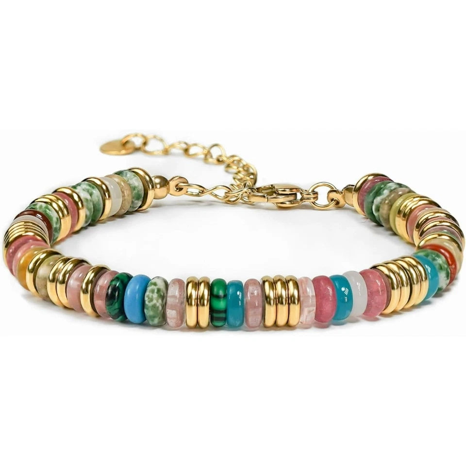 Gold Tone Multicolor Disc Beaded Bracelet for Women Simulated Stone Fashion Jewelry Gift Set