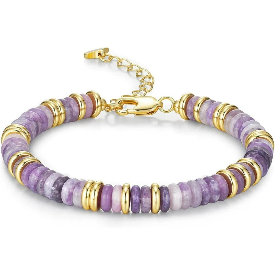 Gold Tone Multicolor Disc Beaded Bracelet for Women Simulated Stone Fashion Jewelry Gift Set